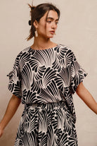 BiBi Black Print Woven Ruffled Sleeves Top BLACK
