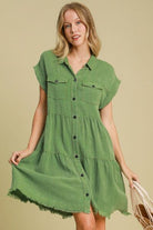 Umgee Green Frayed Hemline Button Down Shirt Dress Green