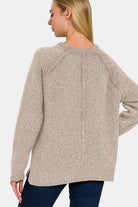 Zenana Chenille Side Slit Raglan Sleeve Sweater in Light Mocha Shirts & Tops