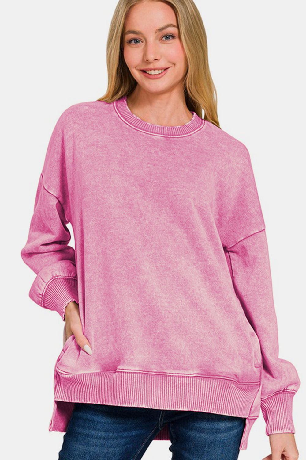 Zenana Dusty Pink High-Low Acid Washed Fleece Sweatshirt Dusty Pink Shirts & Tops