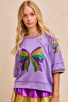 BiBi Lavender Mardi Gras Theme Ribbon Sequin Patched Top