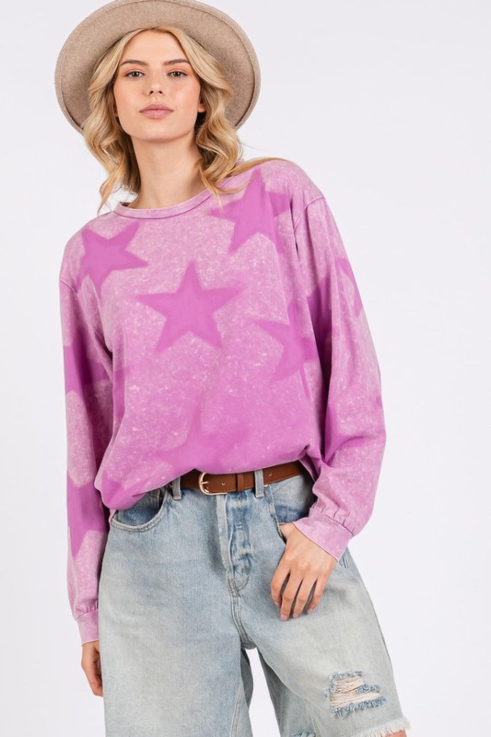 SAGE + FIG Moon Light Mauve Mineral Washed Star Pattern Long Sleeve Top Shirts & Tops