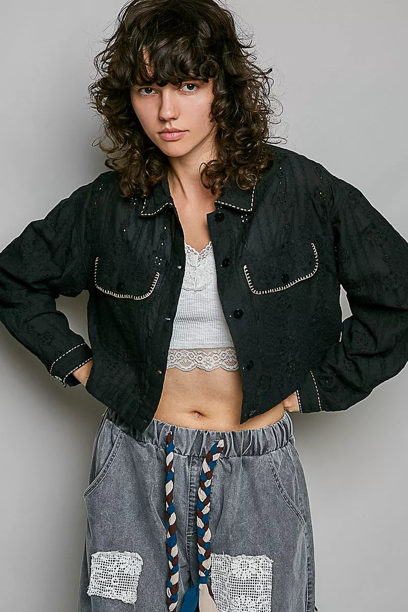 POL Cropped Button-Front Eyelet Cotton Jacket BLACK