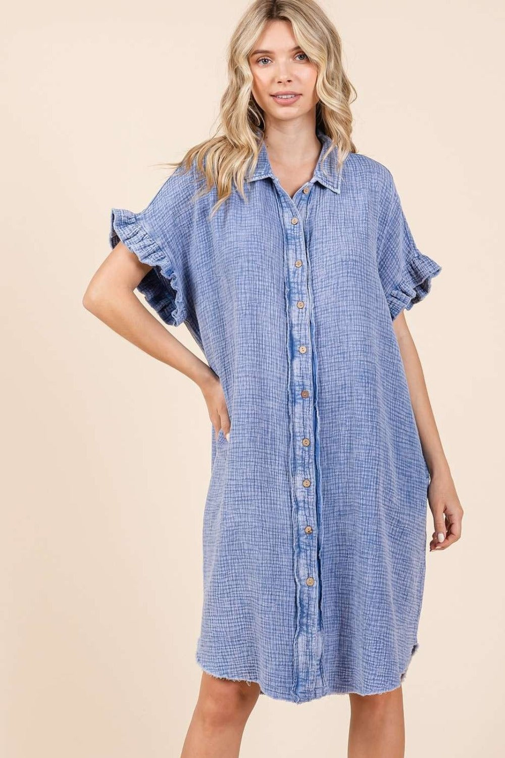 Mittoshop Blue Mineral Washed Cotton Gauze Mini Shirt Dress Blue Trendsi