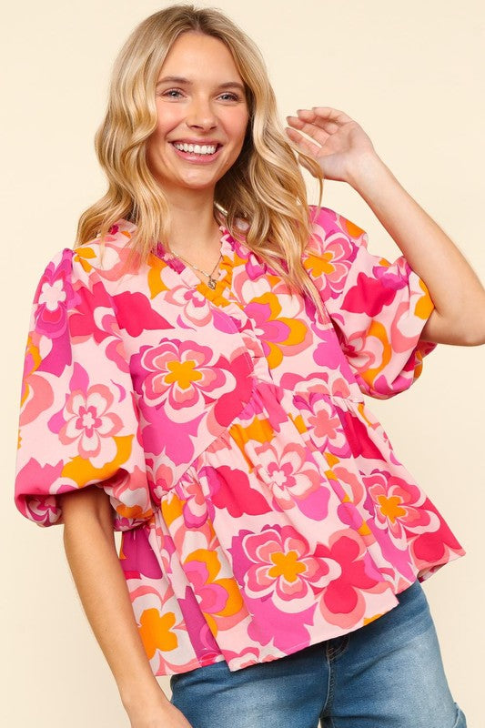 Haptics Pink/Yellow Floral Frill Balloon Short Puff Sleeve Blouse Shirts & Tops