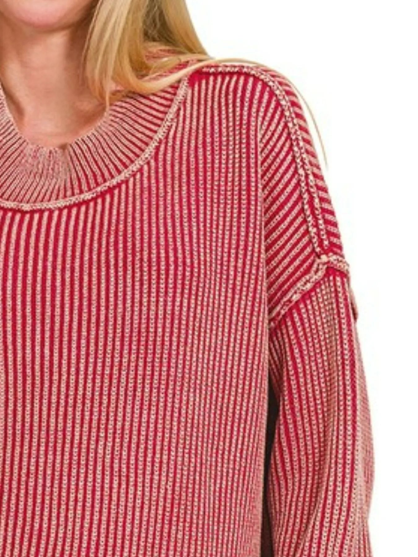 Zenana Dark Red Washed Side Slit Oversized Sweater