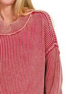 Zenana Dark Red Washed Side Slit Oversized Sweater