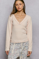 POL Blush V-Neck Long Sleeve Ribbed Top with Lace-Accent Neckband BLUSH
