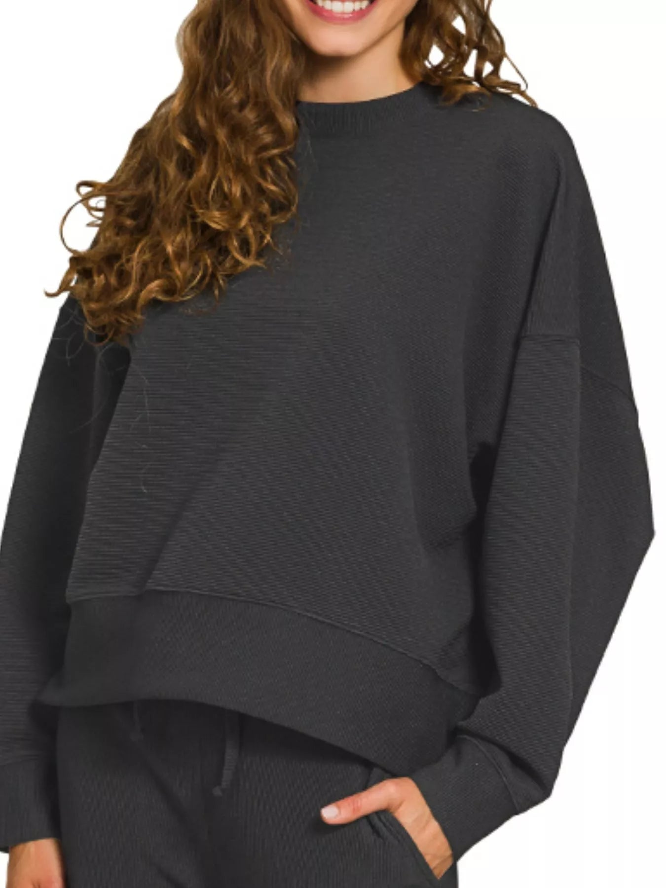 Zenana Black Ribbed Round Neck Pullover and Drawstring Pants Set