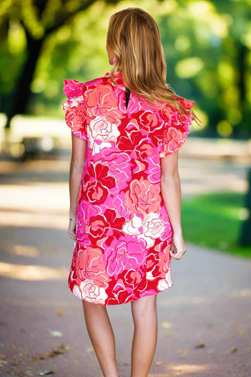 Jodifl True Love Pink & Red Floral Smocked Ruffle Sleeve Dress Jodifl