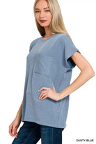 Zenana Dusty Blue Raised Rib Front Pocket Boxy Top