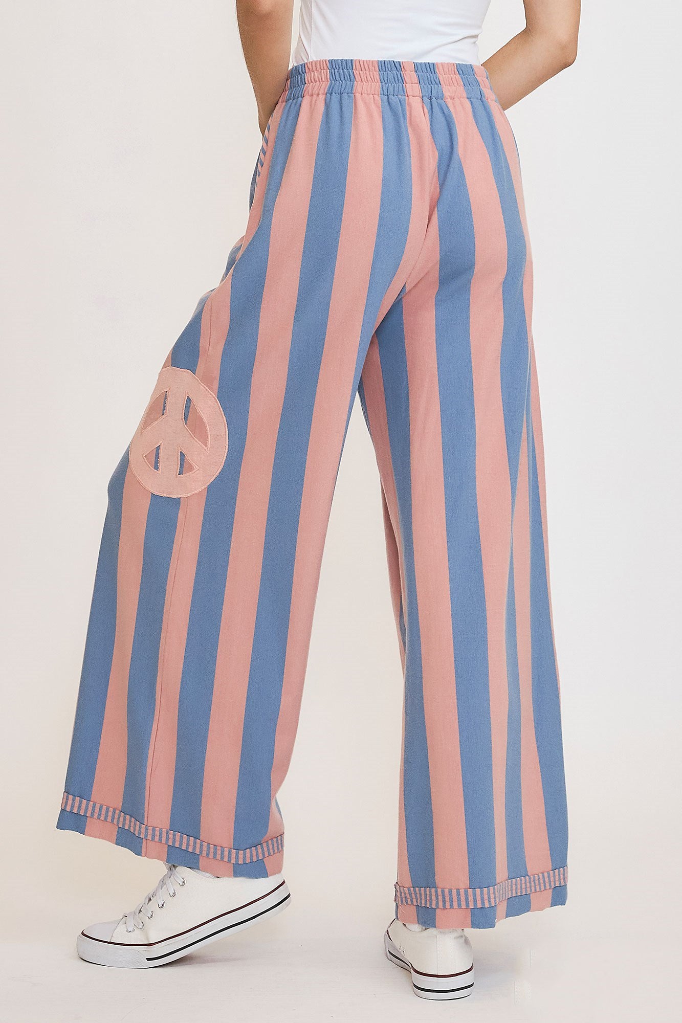 Umgee Washed Dusty Blue & Pink Peace Sign Patch Striped Wide Leg Pants Pants