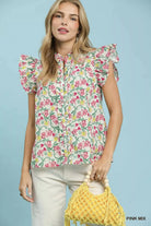 Umgee Floral Print Ruffle Cap Sleeve Blouse