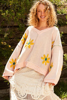 POL Pink Mojito V-Neck Berber Floral Pattern Chenille Sweater Pink Mojito Trendsi