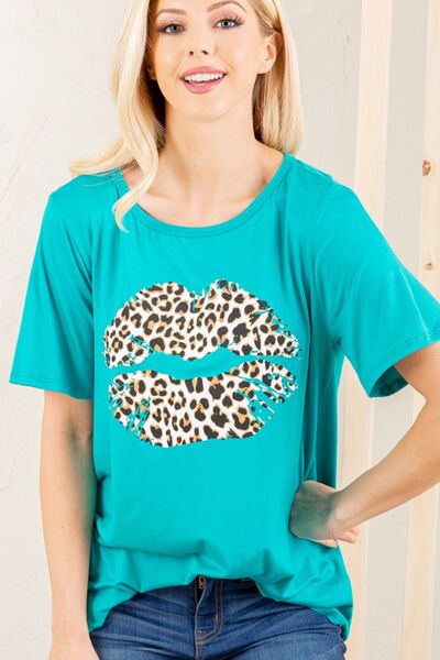 Heimish Cerulean Leopard Lip Round Neck Short Sleeve T-Shirt Plus Size Cerulean