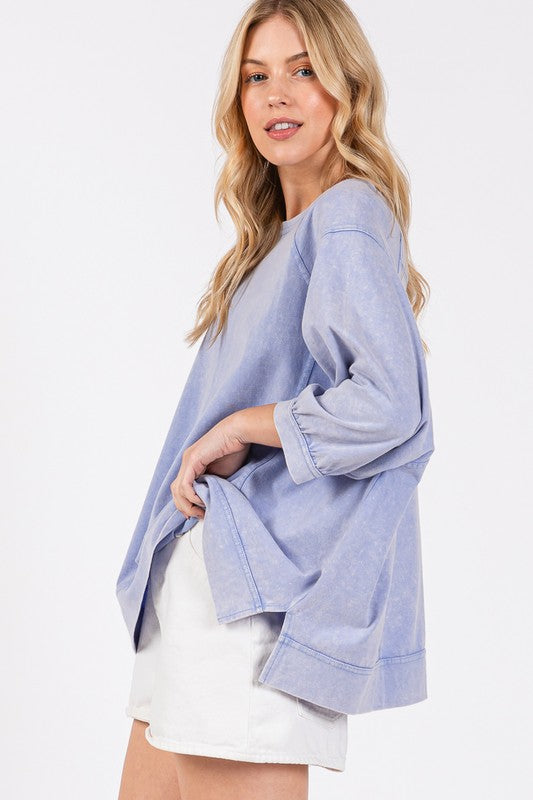 SAGE + FIG Blue Purple Mineral Washed Side Slit Round Neck Sweatshirt