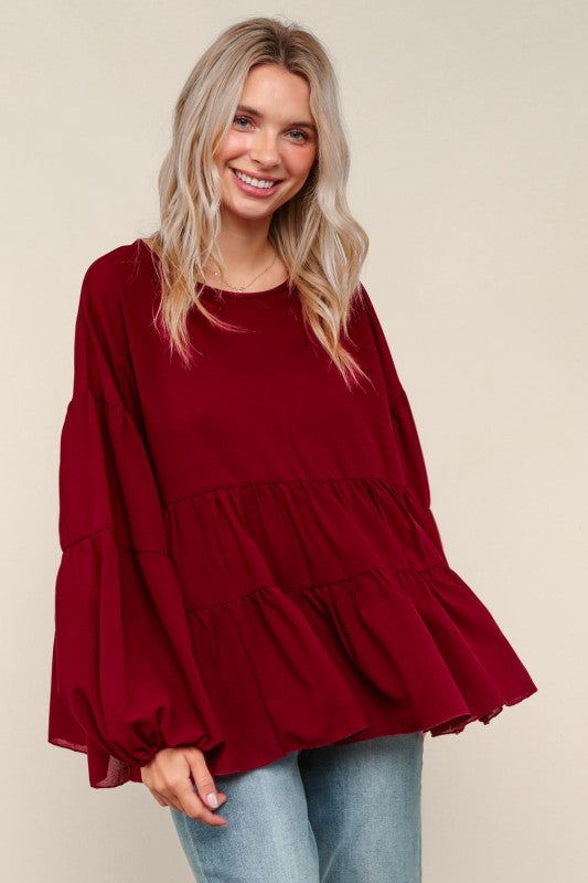 Haptics Wine Babydoll Oversized Blouse