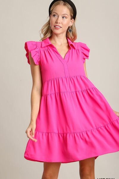 Umgee Hot Pink Johnny Collar Ruffle Cap Sleeve Tiered Dress Hot Pink Dresses