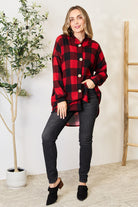 Heimish Red & Black Plaid Button Front Hooded Shirt Trendsi