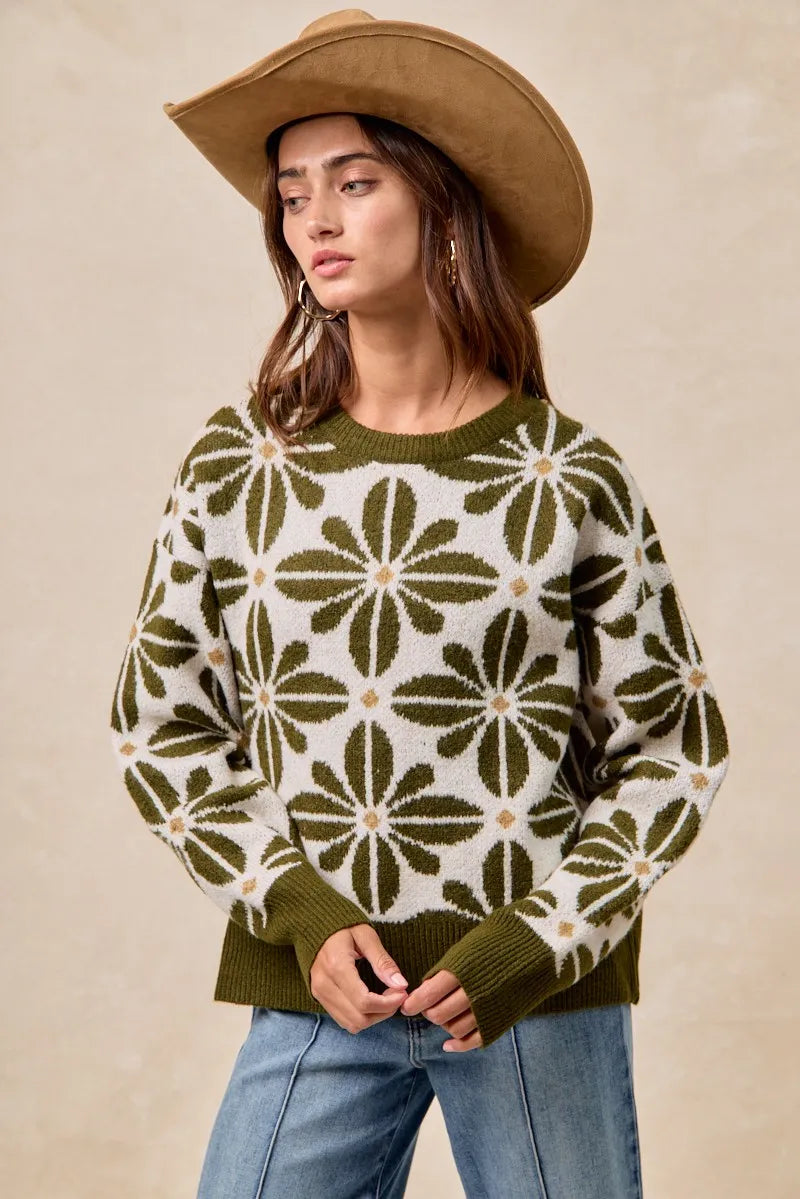 BiBi Olive & Ivory Flower Pattern Long Sleeve Sweater OLIVE IVORY