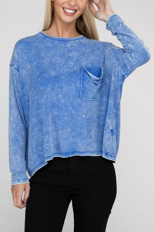 Zenana Washed Ribbed Dolman Sleeve Round Neck Top OCEAN BLUE ZENANA