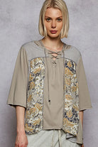 POL Lace-Up Hooded Top with Paisley Panel Detail in Olive Olive