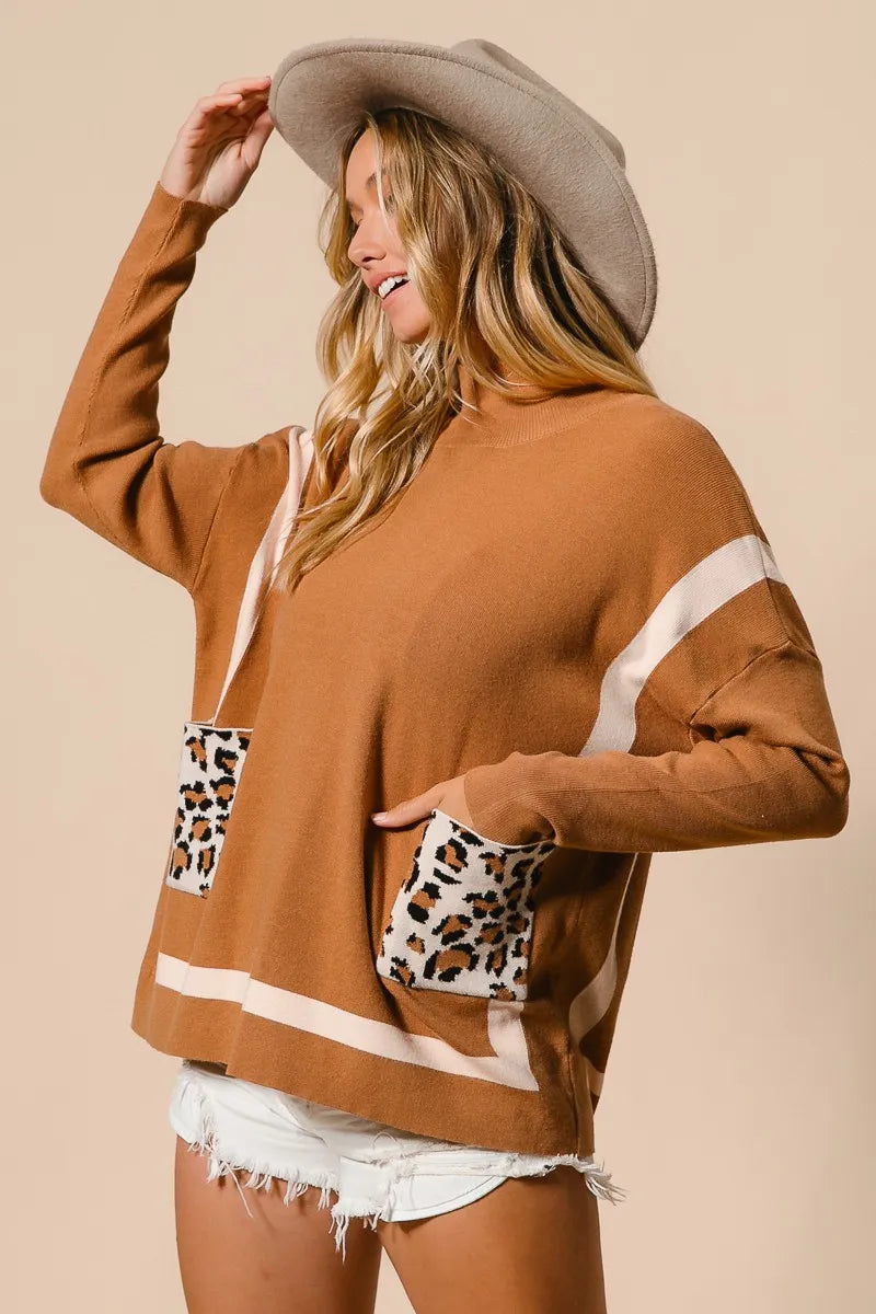 BiBi Camel Mock Neck Sweater with Leopard Pocket