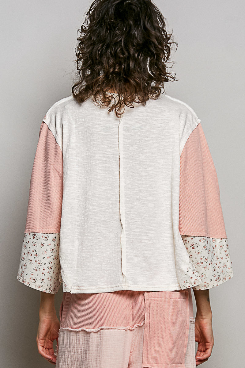 POL Natural Exposed Seam Floral Patchwork Round Neck Textured Slub Knit Top