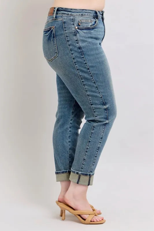 Judy Blue Mid Rise Vintage Wash Double Roll Cuff Boyfriend Jeans
