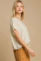 Umgee Oatmeal Drawstring Hem Round Neck Short Sleeve T-Shirt