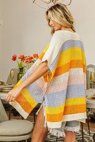 BiBi Multi Color Openwork Striped Open Front Knit Cardigan Trendsi