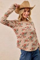 BiBi Taupe Floral Print Washed Waffle Thermal Top with Thumb