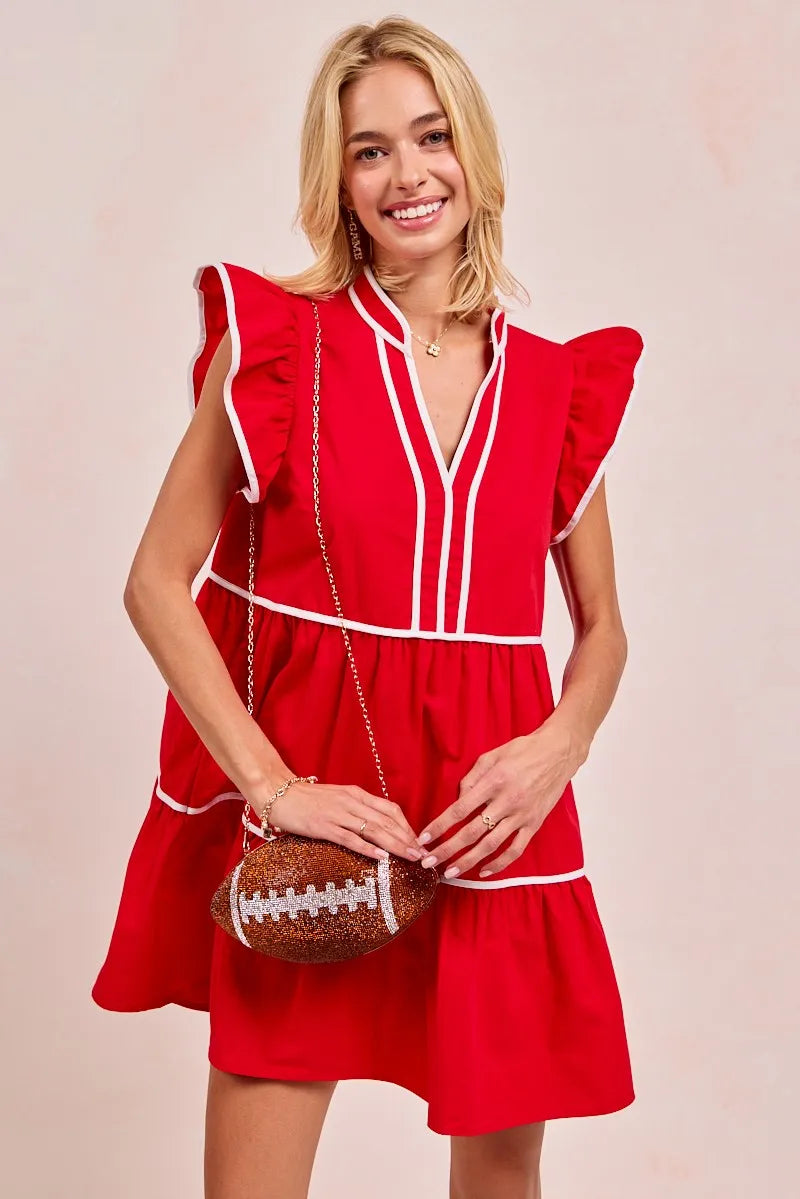 BiBi Red Game Day Theme Contrast Binding Ruffled Dress
