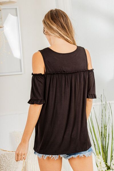 Heimish Frill Round Neck Cold Shoulder T-Shirt