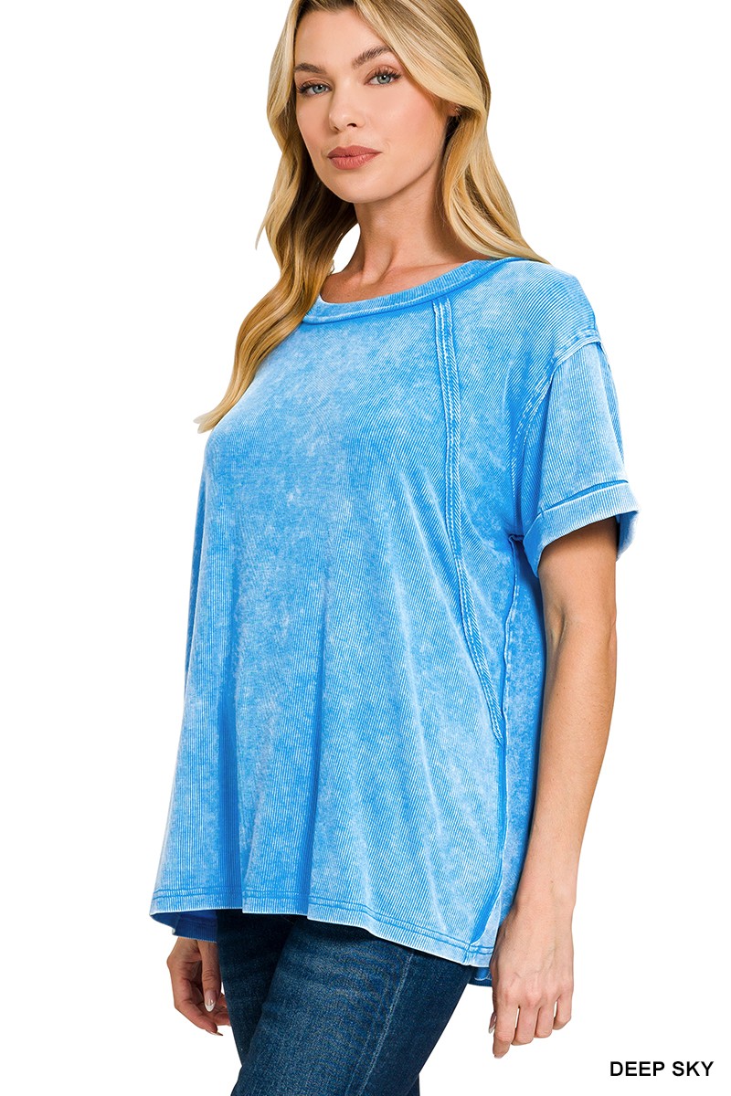Zenana Deep Sky Washed Ribbed Cuffed Short Sleeve Round Neck Top