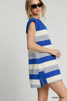 Umgee Royal Blue French Terry Bold Stripe Side Slit Striped Shift Dress