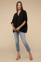 Zenana Black Woven Airflow V-neck Puff Half Sleeve Top