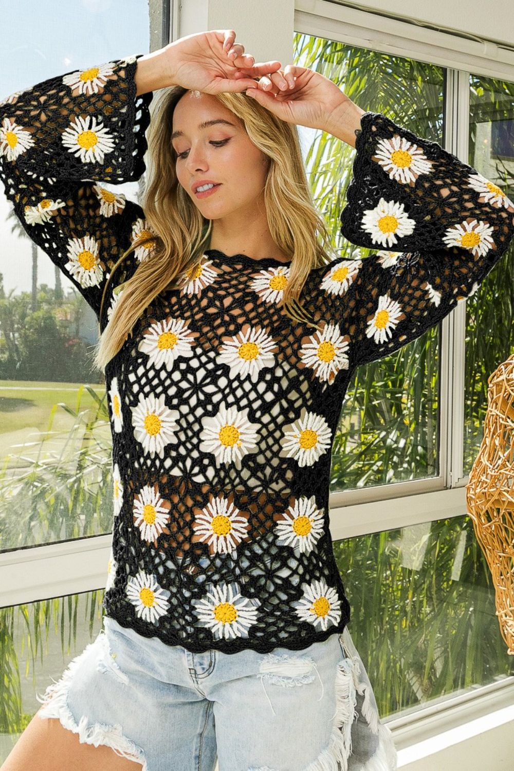 BiBi Black Floral Crochet Net Lace Cover Up Black Trendsi