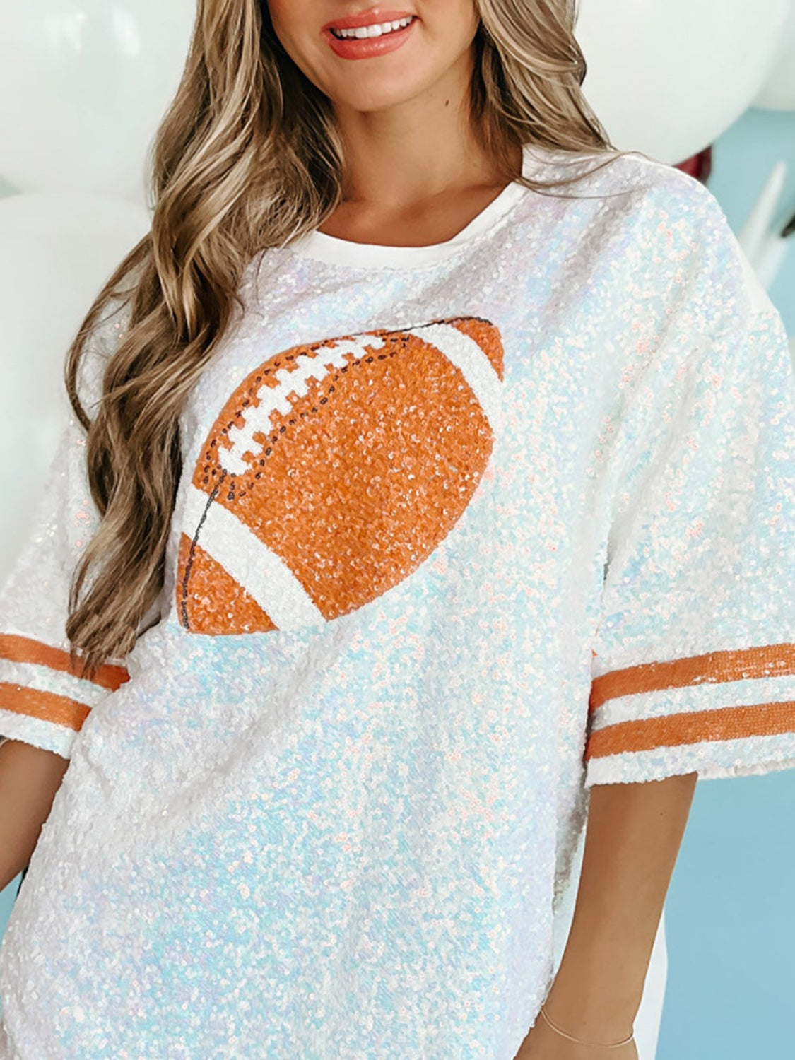 Preorder Game Day Sequin Football Round Neck Half Sleeve Oversized Top Trendsi