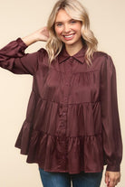 Haptics Burgundy Button Down Tiered Babydoll Satin Blouse Haptics