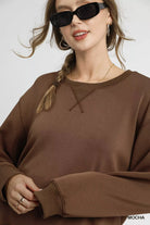 Umgee Mocha Round Neck Long Sleeve Fleece Sweatshirt