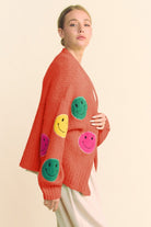 Davi & Dani Rust Fuzzy Smile Open Front Long Sleeve Cardigan