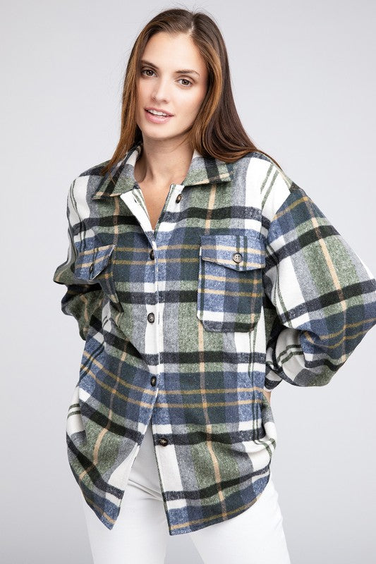 Bibi Textured Plaid Button Down Shacket OLIVE MULTI BiBi