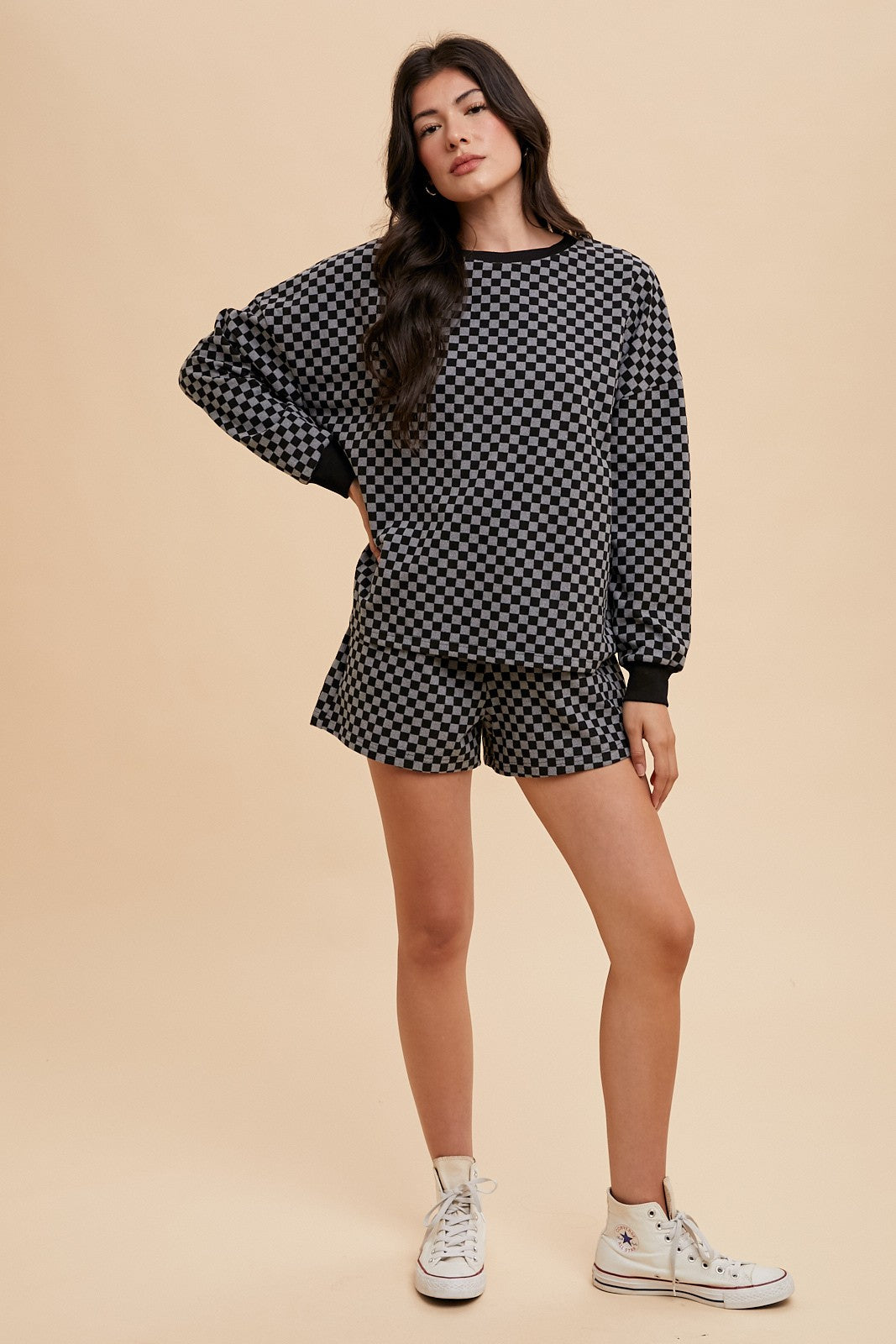 Annie Wear Black Checkered Round Neck Top and Drawstring Shorts Set