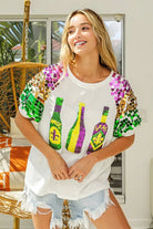 BiBi Sequin Mardi Gras Bottles Spangled Sleeve Top