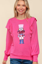 Haptics Holiday Hot Pink Sequin Nutcracker Ruffle Hacci Sweater Haptics