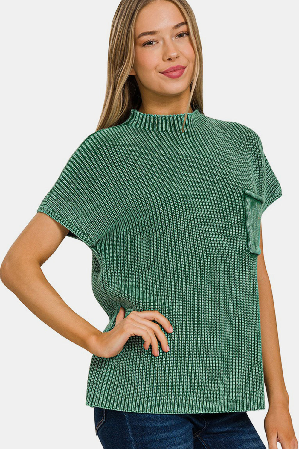 Zenana Washed Dark Green Mock Neck Short Sleeve Sweater DK GREEN Trendsi