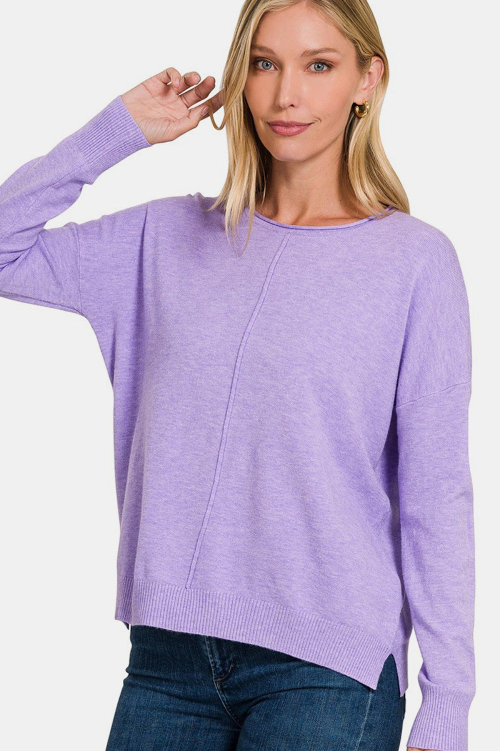 Zenana Lavender Front Seam Round Neck Viscose Sweater Shirts & Tops