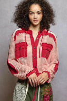 POL Blush Red Texture Woven Button Down Hooded Shirt with Drawstring Hem BLUSH RED MULTI