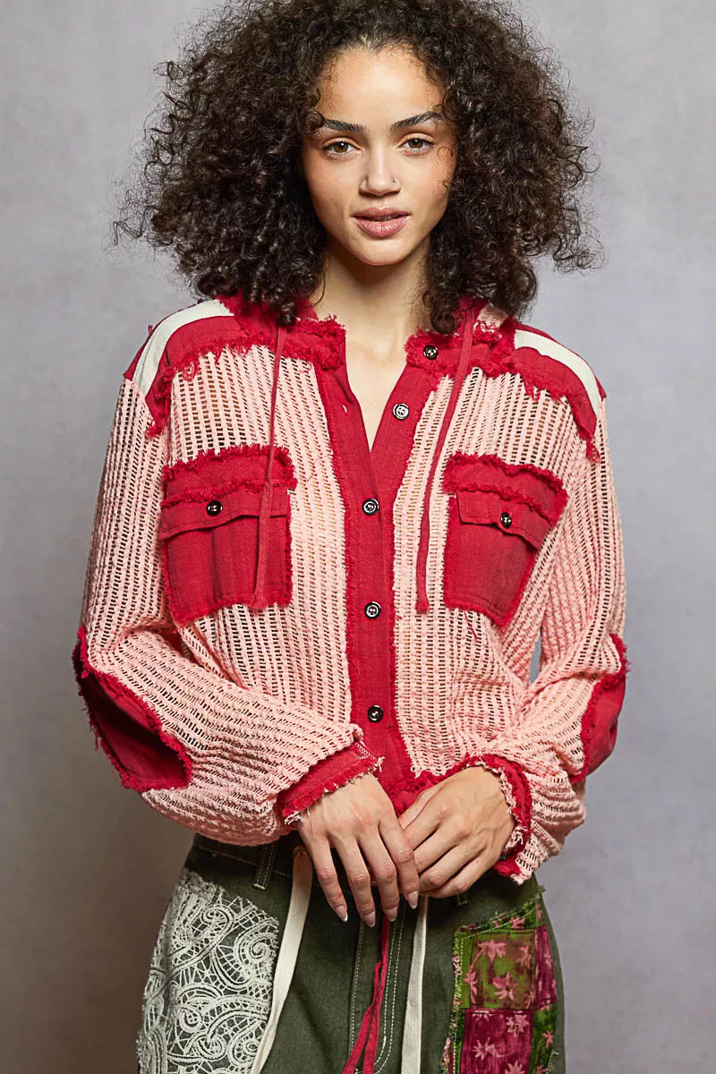 POL Blush Red Texture Woven Button Down Hooded Shirt with Drawstring Hem BLUSH RED MULTI